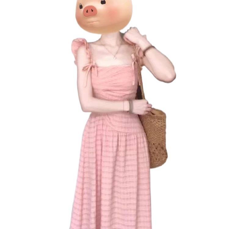 French-Style Pink Square Neck Spaghetti Strap Slimming Summer Dress with Flutter Sleeves and Cinched Waist