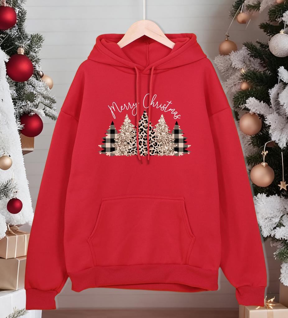 Merry Christmas Leopard Plaid Trees Printed Hoodies Men Fashion Loose Hoody Fleece Autumn Pullovers All-Match Pocket Streetwear