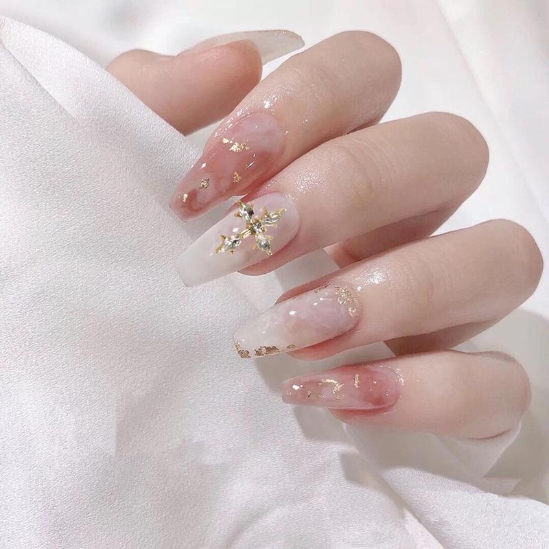 Yajiena Gradient Gold Powder Press-on Ballet Nails - Whitening European/American Style Finished Nail Tips N598 [Glue version]