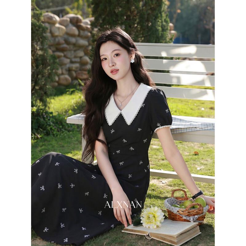 Lu Xiangnan Black Floral French Style Midi Dress S