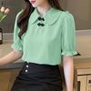 Women Elegant Doll Collar Solid Color Loose Casual Half Sleeve Blouse