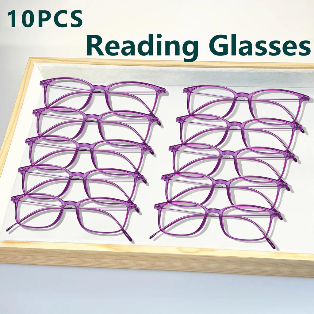 10pcs Square Reading Glasses Women Men Black Blue Grey Purple Anti Blue Light Polycarbonate Lens
