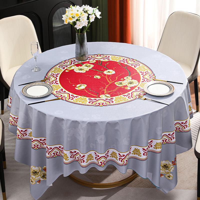 Baxian Table Tablecloth Waterproof, Oil-Proof And Anti-Scalding Leave-In Tablecloth Hotel Round Table Cloth Dining Table Cloth Plum Blossom