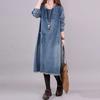 Women's Wash Plush Edge Pockets Loose Denim Dress Autumn O-neck Long Sleeves Dresses