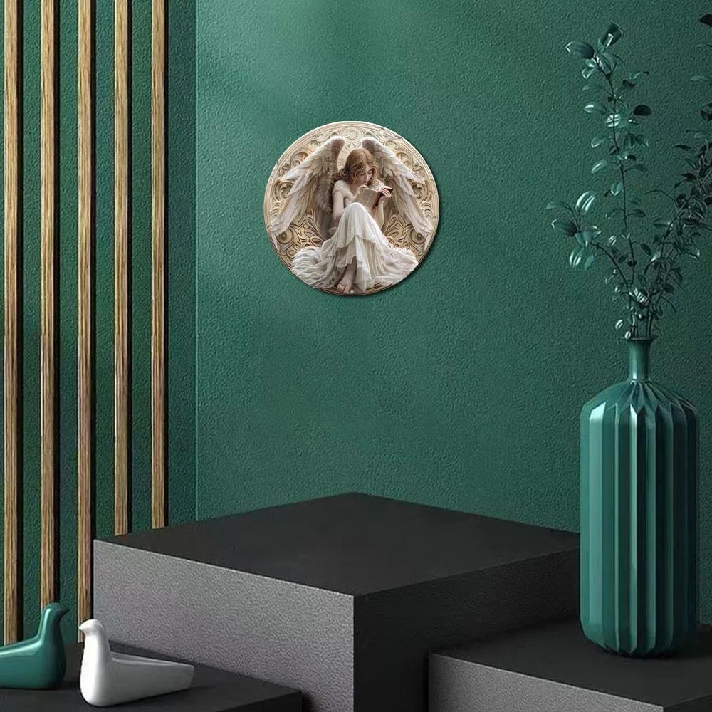 Exquisite Religious Christmas Angel Round Wooden Sign, Stunning Wall Decoration, Wall Art, Home Decor, Flat 2D Print