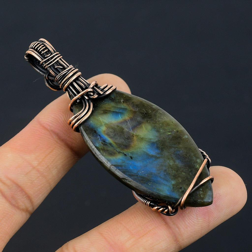 Labradorite Pendant, Handmade Gemstone 999 Copper Wire Wrapped Pendant Antique Jewelry, For Gift Silver Jewelry