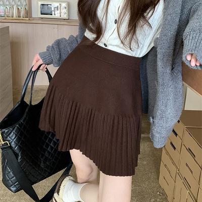 Korte gebreide halflange rok voor dames in de herfst, hoge taille, kleine A-lijn, geplooide rokvorm, zwart