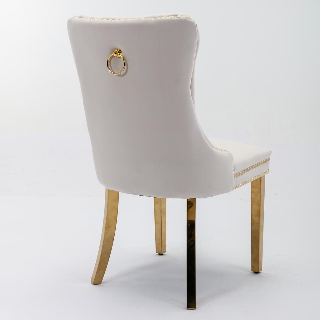A&A Furniture, Nikki Kollektion Gepolsterter Massivholz Samt Esszimmerstuhl mit Vergoldeten Beinen, Nagelkopfverzierungen, 2er-Set, Beige und Gold, DE1601BG