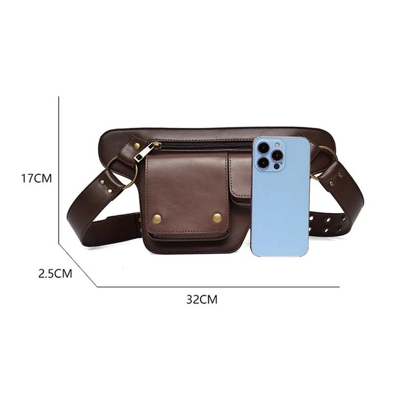 Retro Casual PU Leather Cycling Bag Multi-Function Sports Waist Bag Shoulder Fanny Pack for Outdoor Mobile Phone Storage