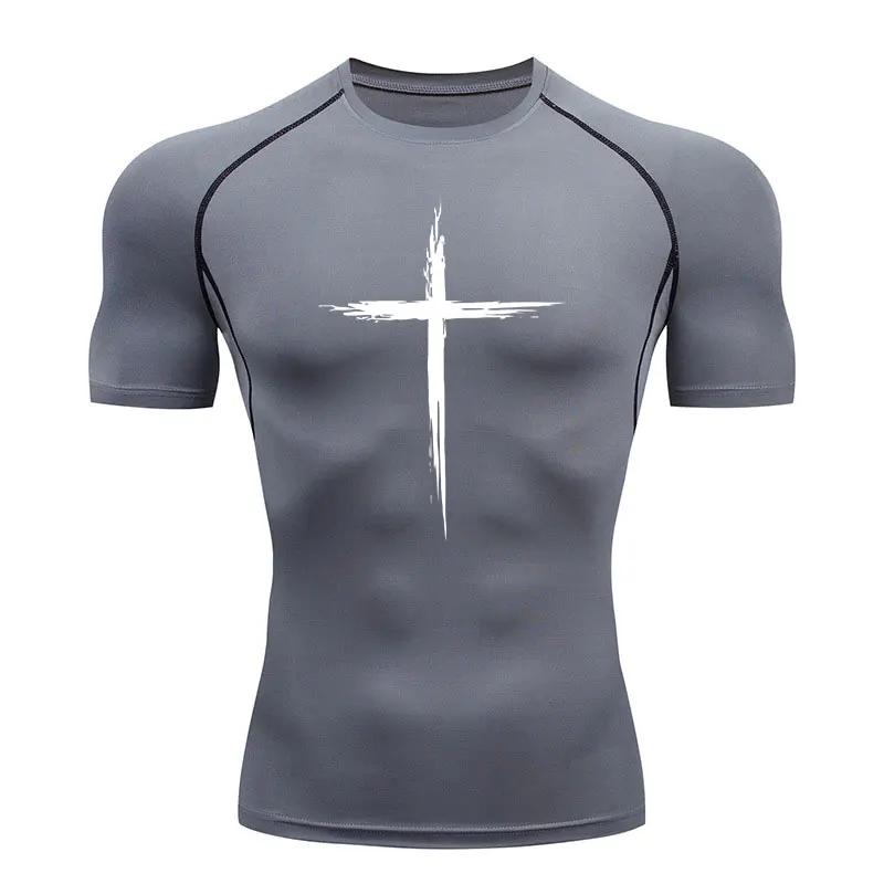 Abbigliamento sportivo da uomo ad asciugatura rapida con stampa a croce 2024, maglia a compressione da running, maglia muscolare atletica, sottogiacca da palestra, top sportivi S-3XL