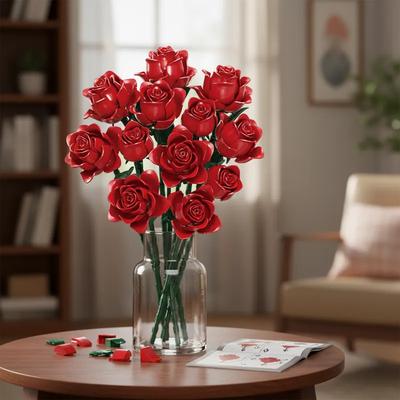 Kit de Modelo de Blocos de Construção de Buquê de Rosas Vermelhas Não Tóxico com 546 Peças Ideia de Presente para Mulheres no Dia dos Namorados Presente de Natal Decoração Criativa Caixa Bonita