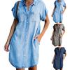 Ladies Dress Button Pocket Short Sleeve Lapel Solid Color Daily Wear Single-breasted Side