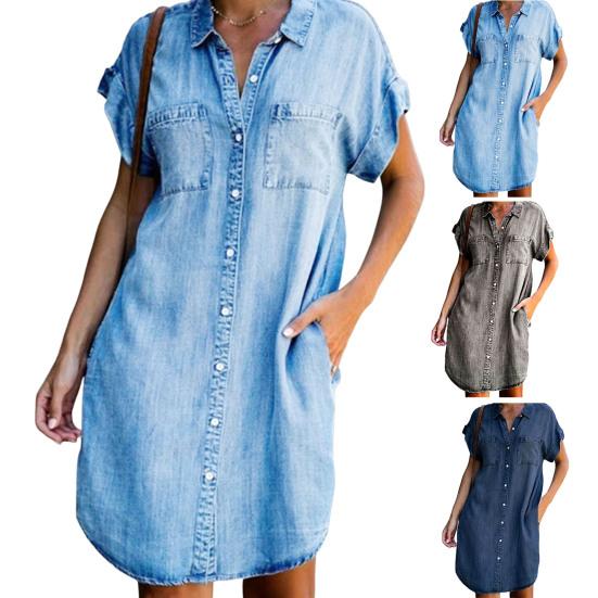 Ladies Dress Button Pocket Short Sleeve Lapel Solid Color Daily Wear Single-breasted Side