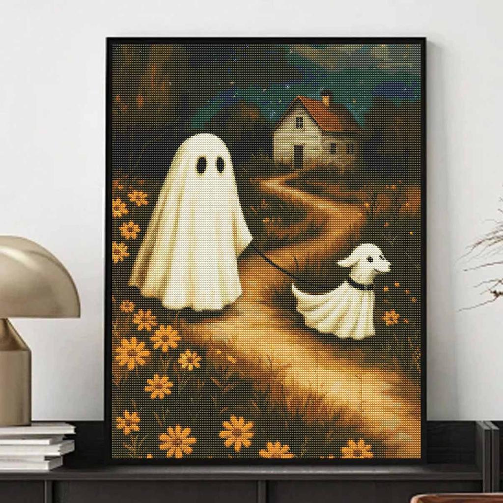 Halloween diamond painting kit cute ghost and dog autumn path handmade diy painting home decoration painting