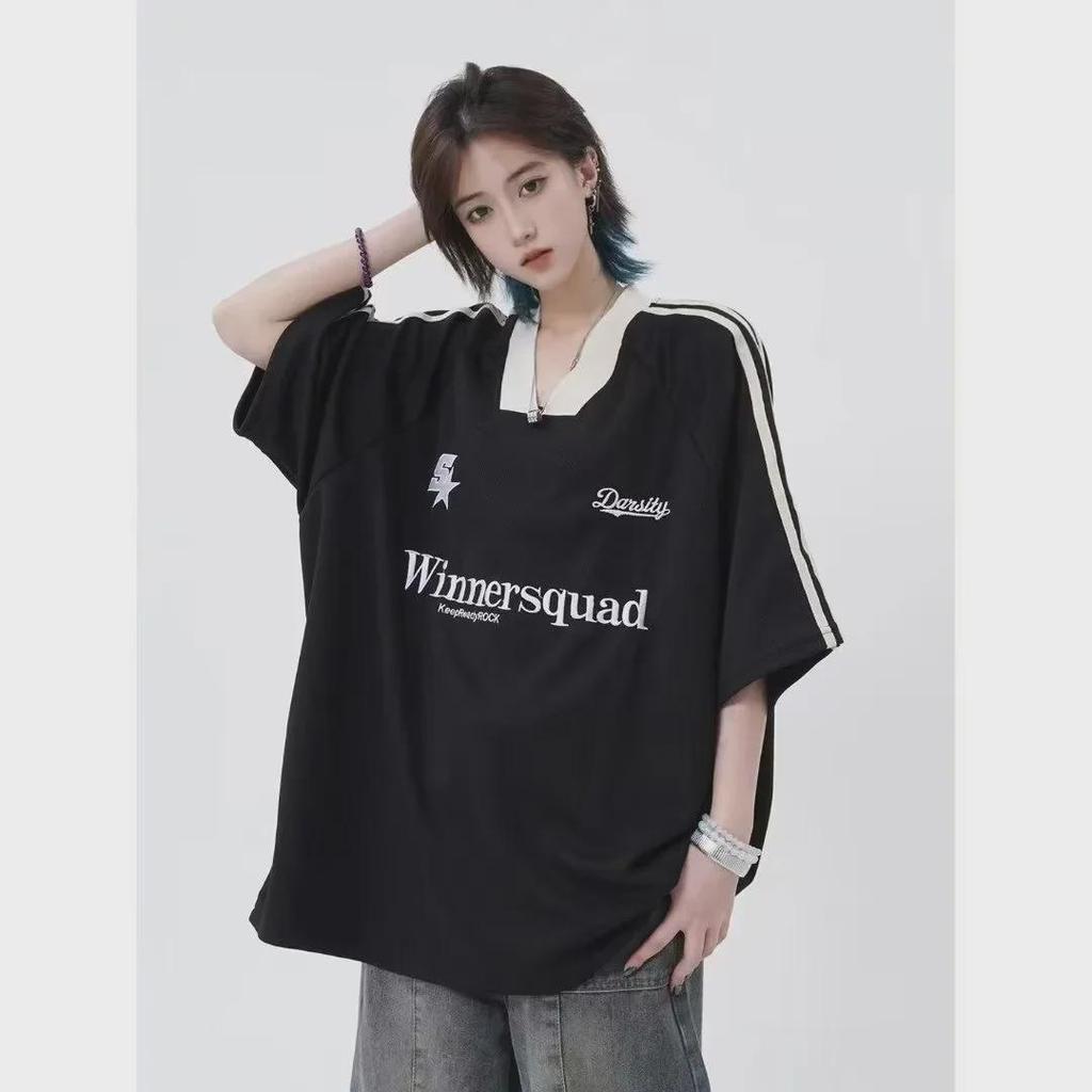 Unisex Retro V-Neck Embroidered Colorblock Half-Sleeve T-Shirt