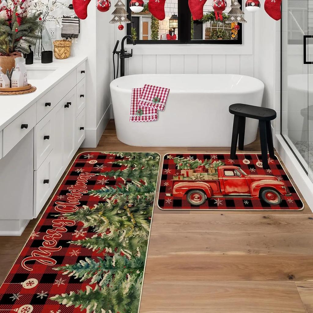 2pcs  Winter Christmas Red Truck Rug Home Decoration, Kitchen And Laundry Room Floor Mat Set, Durable And Water-Absorbent