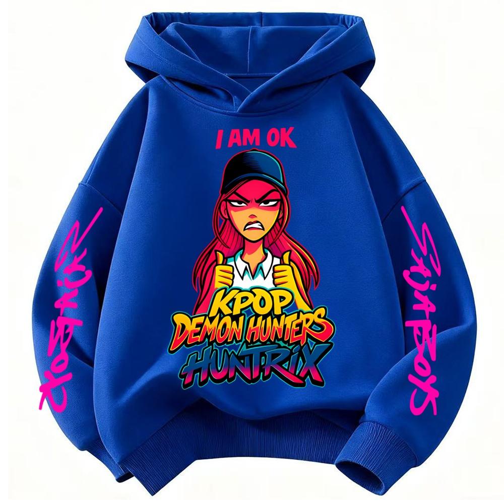 Cute Derpy KPop Demon Hunter Cartoon Girls Hooded Sweatshirt Warm Children's Wave Fashion Tops Casual Black Pink Clothing