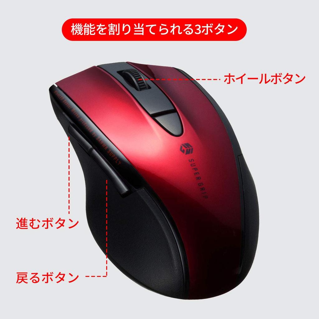 Sanwa Supply Bluetooth Mouse, Quiet, Blue LED, 5 Buttons (Back and Forward), Medium Size, Red, MA-BTBL167R