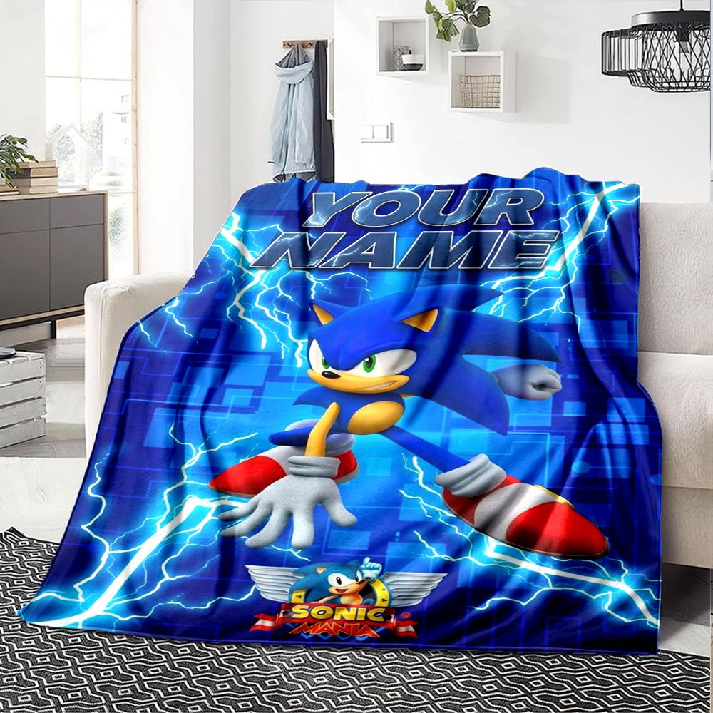 Name Custom Blue the Hedgehog Print Flannel Blanket High Quality Warm Comfortable Cover for All Seasons Perfect for Gifts Home Decor