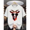 European Size Men'S Summer Fashion Casual T-Shirt, Crew Neck with Slight Stretch, Knit Fabric, Regular Fit, Print Goat Head with Glasses Pattern
