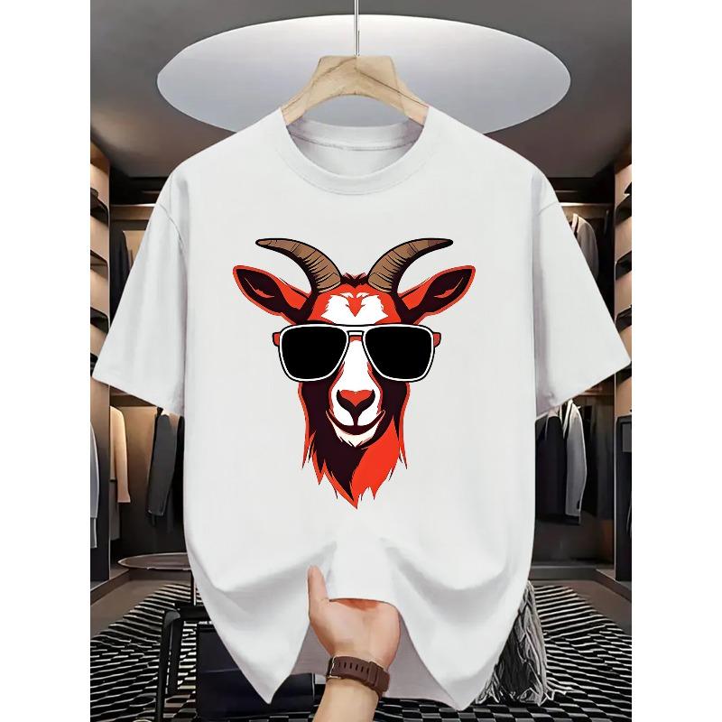 European Size Men'S Summer Fashion Casual T-Shirt, Crew Neck with Slight Stretch, Knit Fabric, Regular Fit, Print Goat Head with Glasses Pattern