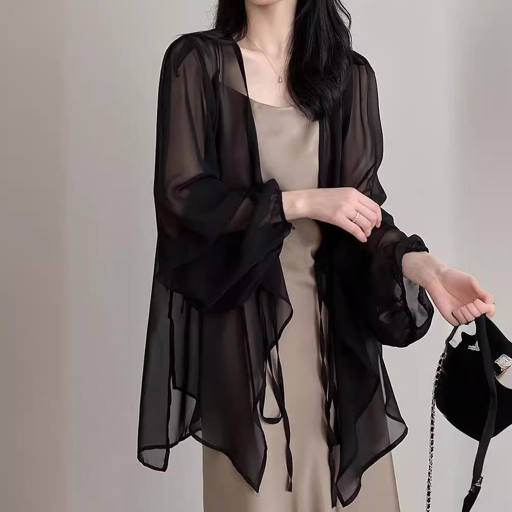 Camicie da Donna a Colore Unito Scollo a V Ampie Manica Lunga Maglia Aperta Stile Coreano Allacciatura Semplice Estive Chiffon Traspirante Minimalista Alla Moda