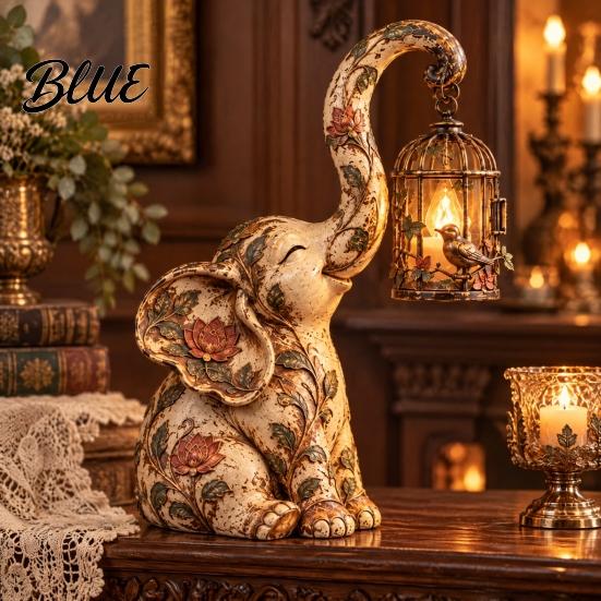 Elephant Lantern Decor Vintage Lantern Decorative Light Resin Retro Table Lamp with Bird Cage Desk Light Design for Home Decor Creative Desktop