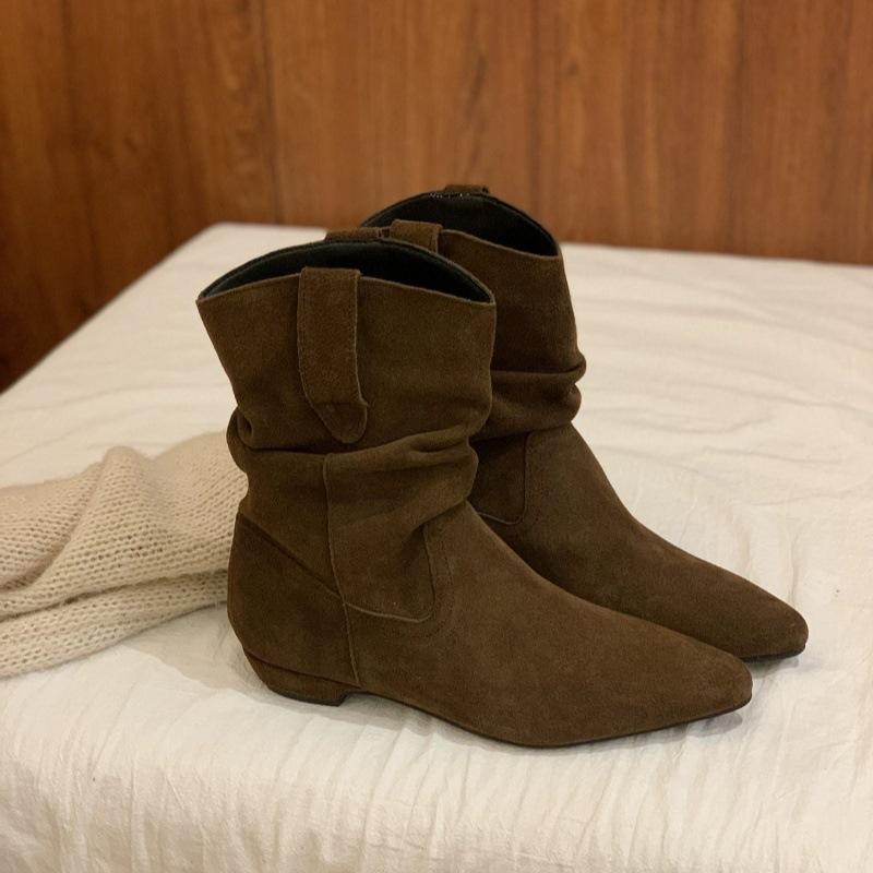 

Мягкая кожаная версия! Ретро низкокаблучные остроносые ковбойские ботинки-трубы женские осенне-зимние новые ботинки Мартин универсальные тонкие ботинки 39 коричневый