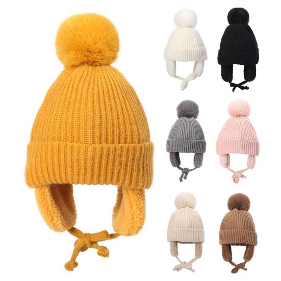 Children Hat Thickened Wool Knit Hat with Pom-Pom Ball Decor Extended Ear Flaps Design Fleece Lining Warm Winter Hat