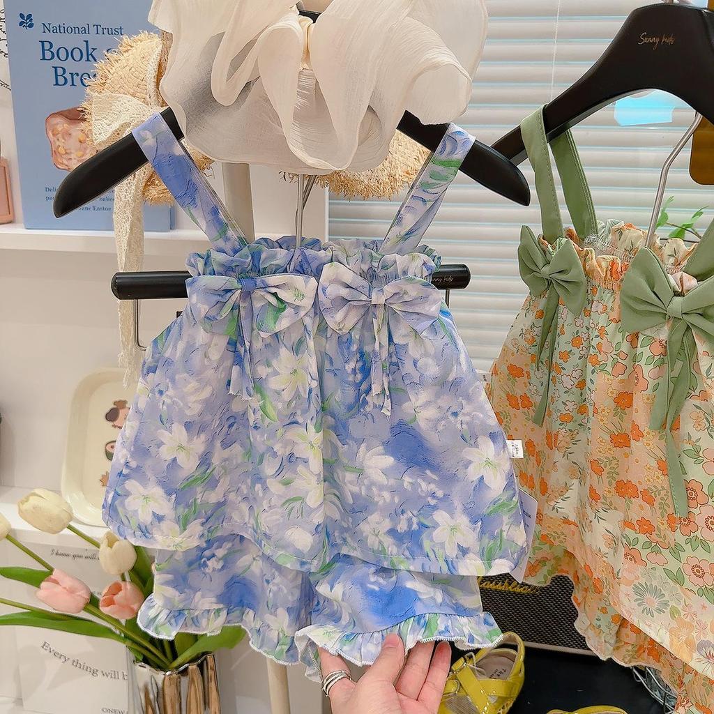 Girls' Summer Bow Strap Dress & Shorts Set - Stylish Vacation Outfit