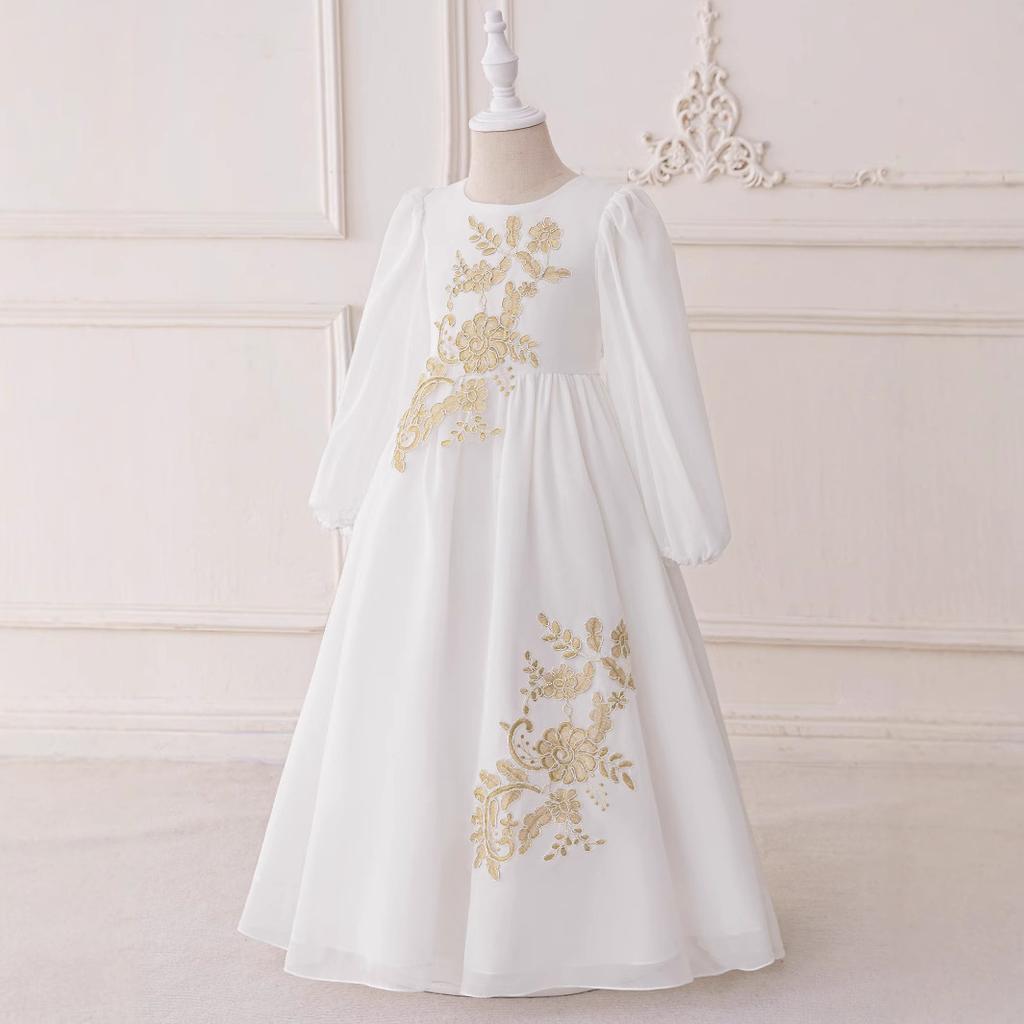 White Mesh Robe Girl Jacquard Dress Long-sleeved Party Evening Dress