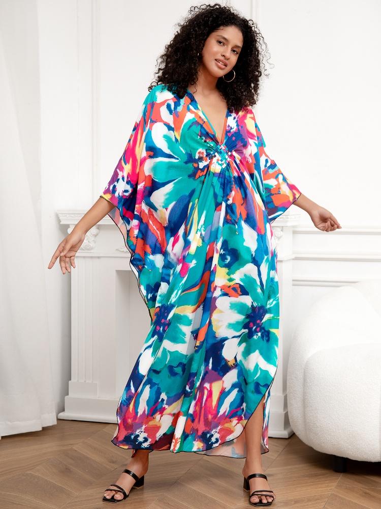 EDOLYNSA Green Printed Bohemian Long Dress Women Robe Kaftan House robe Outfit Plus size Lounge wear Beach dress Q1289