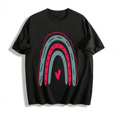 Gepunktetes Regenbogen-Print Lässiges Oberteil Mit Süßem Herz Reines Baumwoll-T-Shirt