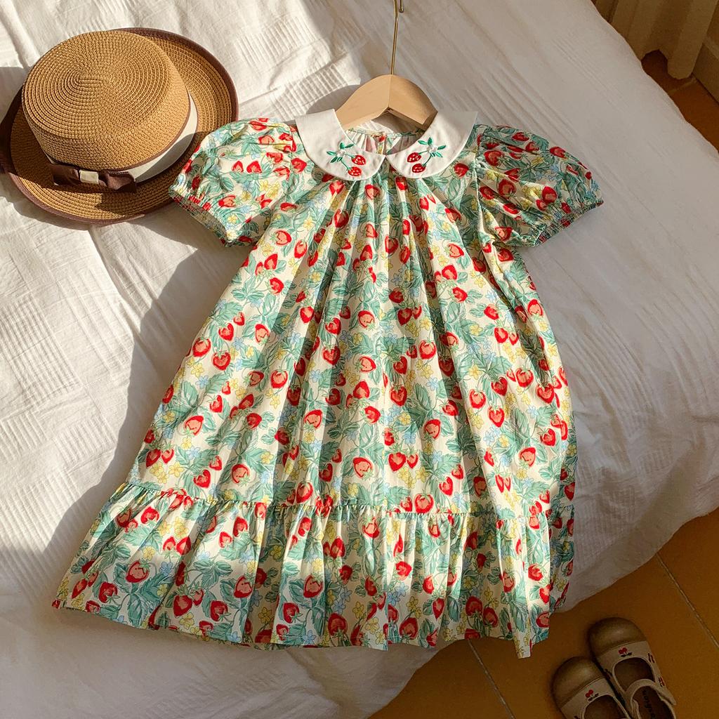 Sweet Strawberry Embroidered Peter Pan Collar Girls Summer Dress Short Sleeve Tiered Cake Dress For Kids