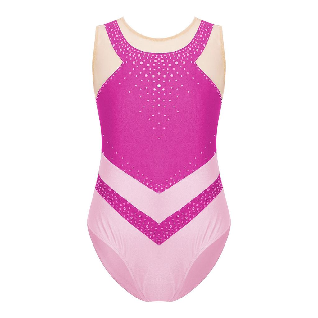 Girls Sparkly Rhinestones Leotard Gymnastics Costume Color Block Sheer Mesh Patchwork Sleeveless Bodysuit