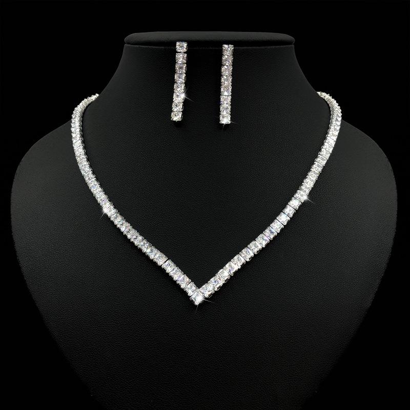 Elegant Clavicle Necklace & Earrings Set - European & Korean Style with Full Diamond Accents