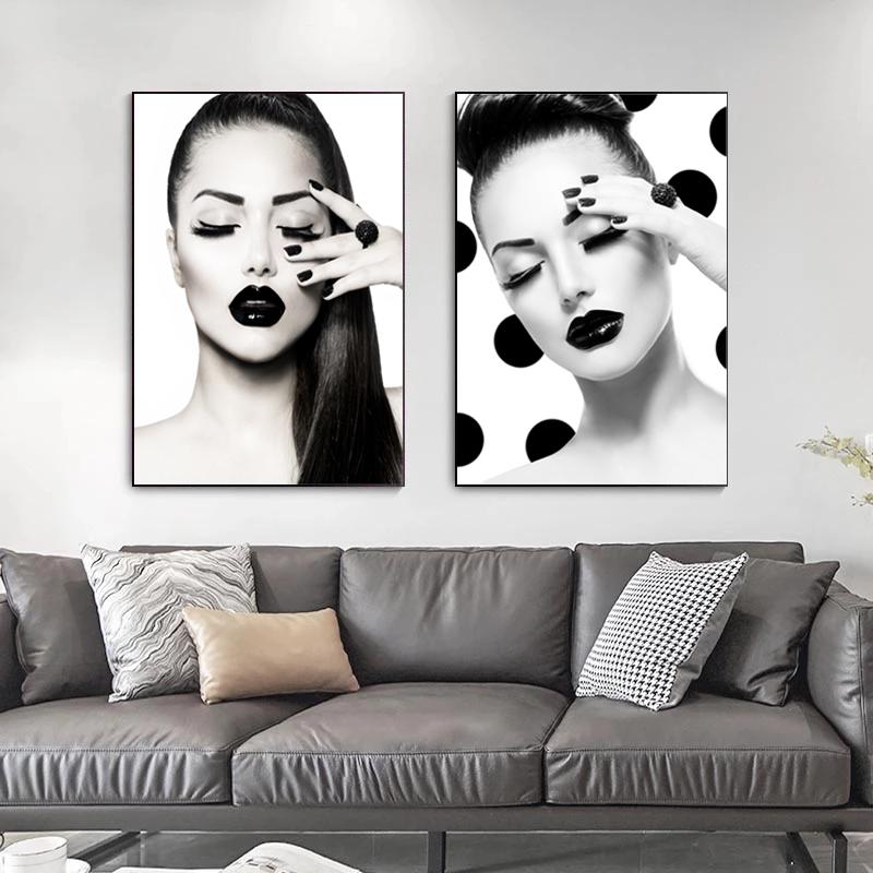 Modern Beauty Fashion Girl Makeup and Hair Posters and Prints Black White Picture Nail Salon Wall Art Canvas Painting Wall Decor