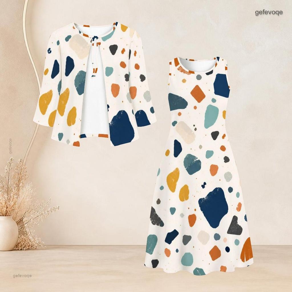 Women Plus Size Two Piece Dress Set Abstract Printed Tie Neck Three Quarter Sleeve Sleeveless Long Dress