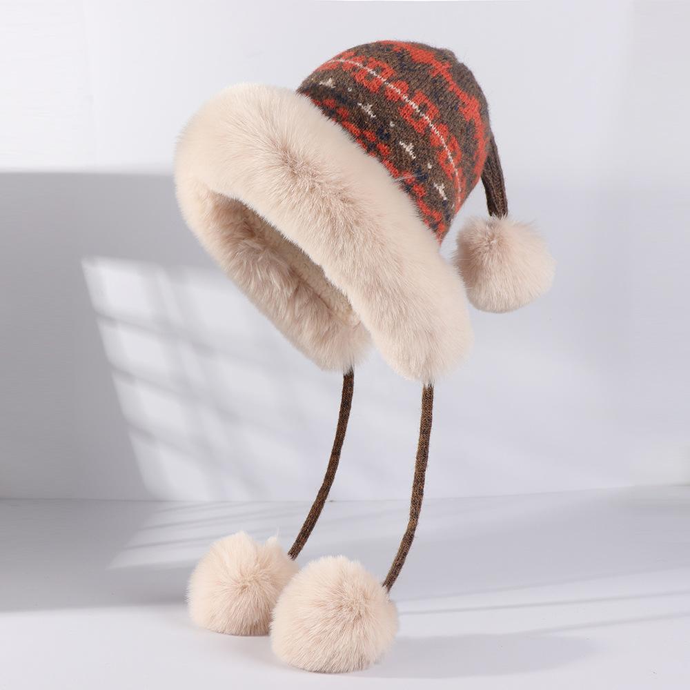 

Зимняя вязаная шапка с плюшевой теплой защитой ушей Модная корейская вязаная шапка для женщин One Size