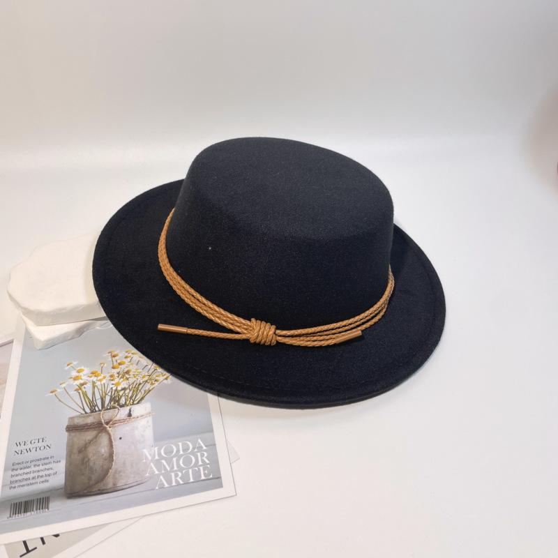 New Leather Rope Flat-top Woolen Top Hat Women's Autumn and Winter Temperament Elegant and Fashionable Versatile Flat-brimmed Felt Hat Men's Stage