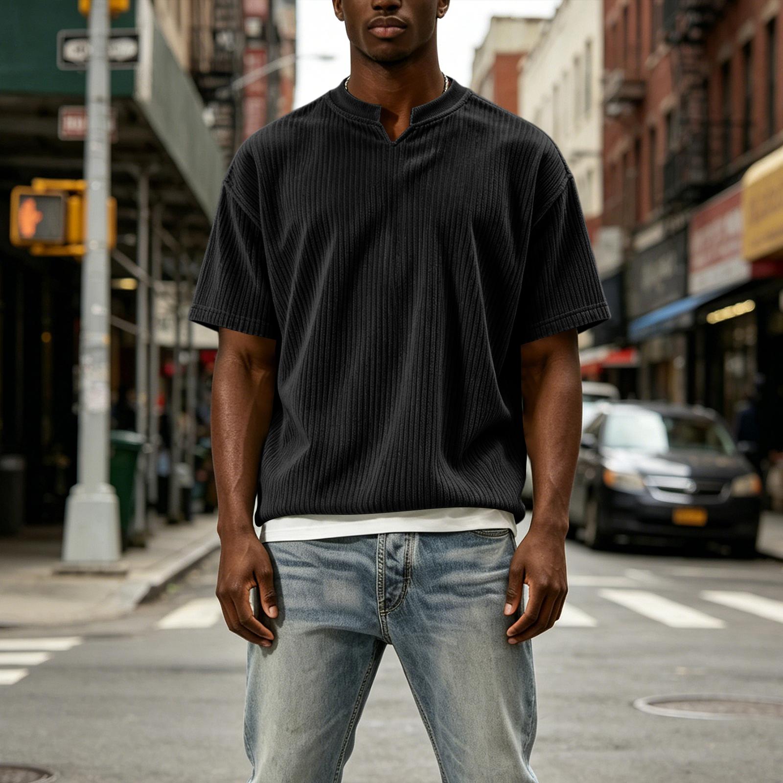 Men’s Casual Short Sleeve Ribbed Knit Faux Two Piece Top with Split Neckline Relaxed Fit Pullover for Everyday Wear L