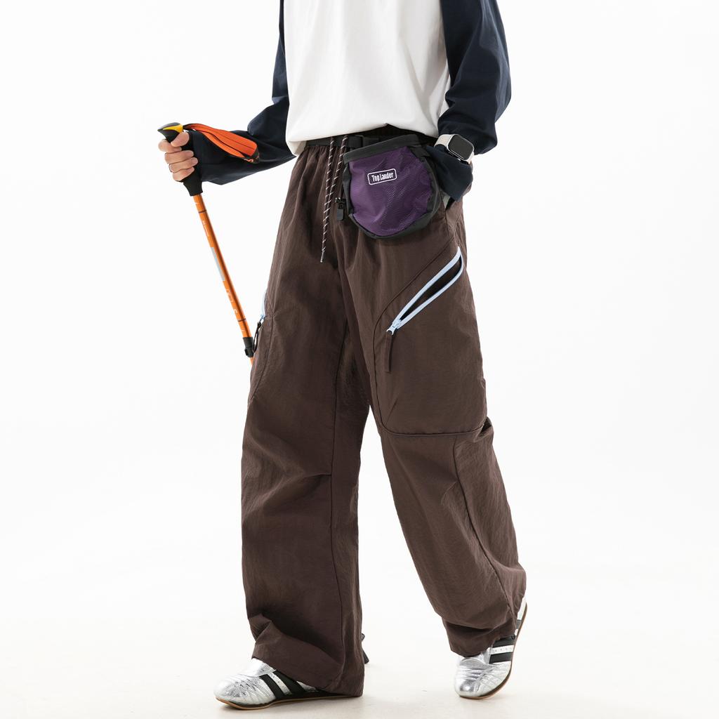 Contrasting color zipper anti-splashing tooling paratrooper pants men's autumn light outdoor split pleated casual long pants