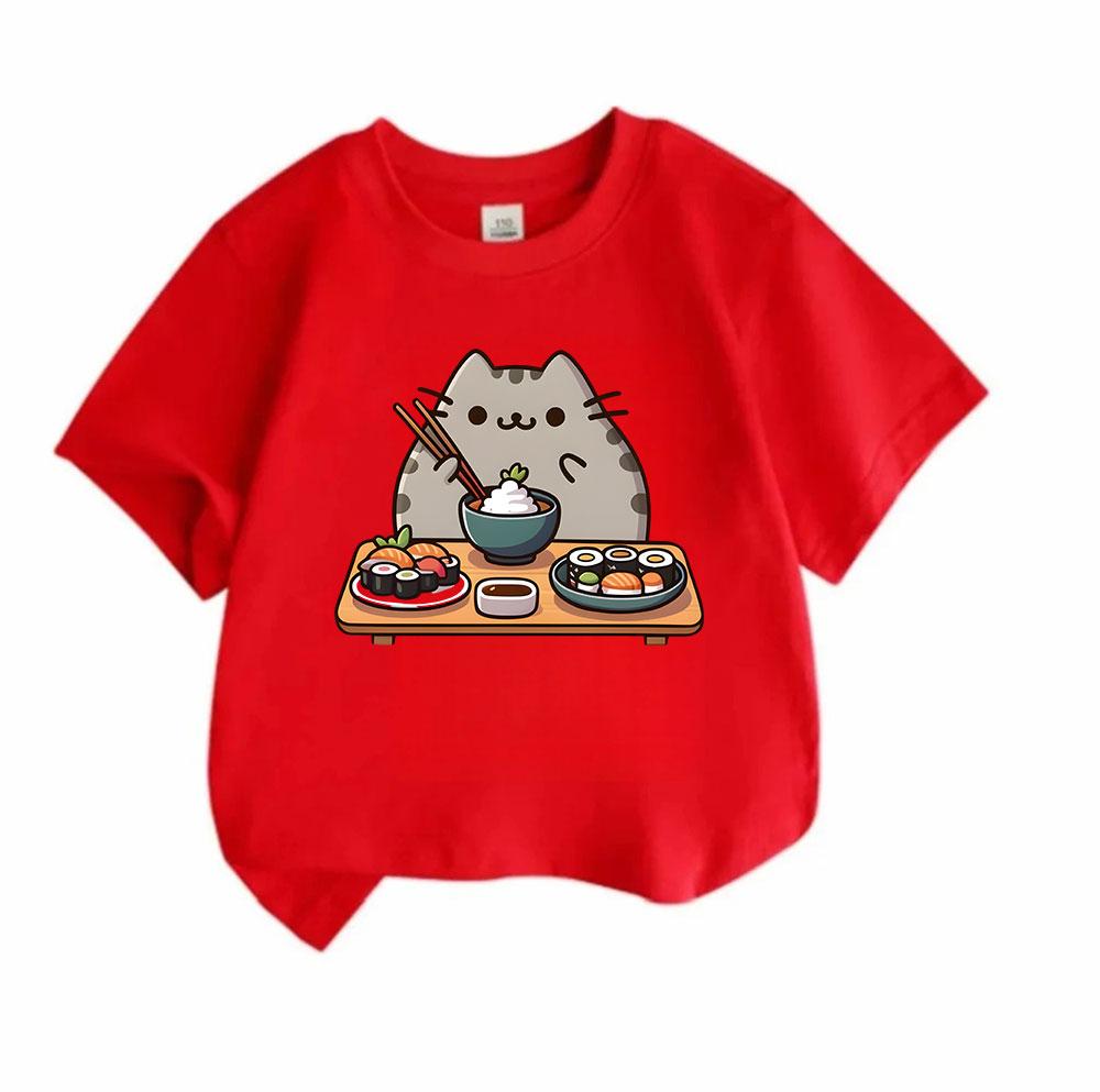 Cute Sushi Cat Print Kids 100% Cotton T-Shirt Boys Girls Crew Neck Short Sleeve Casual Summer Comfortable Pullover Tops Kawaii Food Animal Pattern Tee