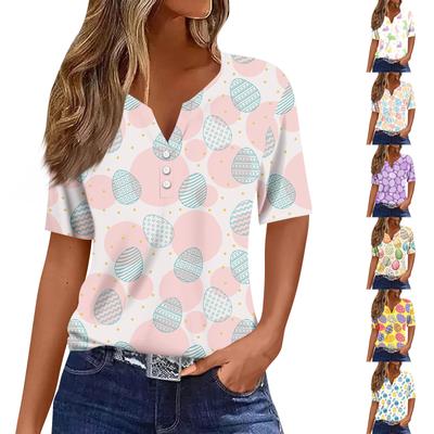 Women's Casual Print V-Neck Short Sleeve Decorative Button T-Shirt Top