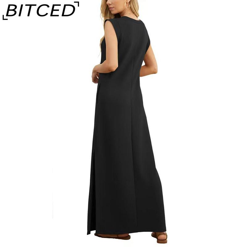 BITCED Women's Summer Solid-Colour Casual Loose-Fit Pocket Dress Long Dress