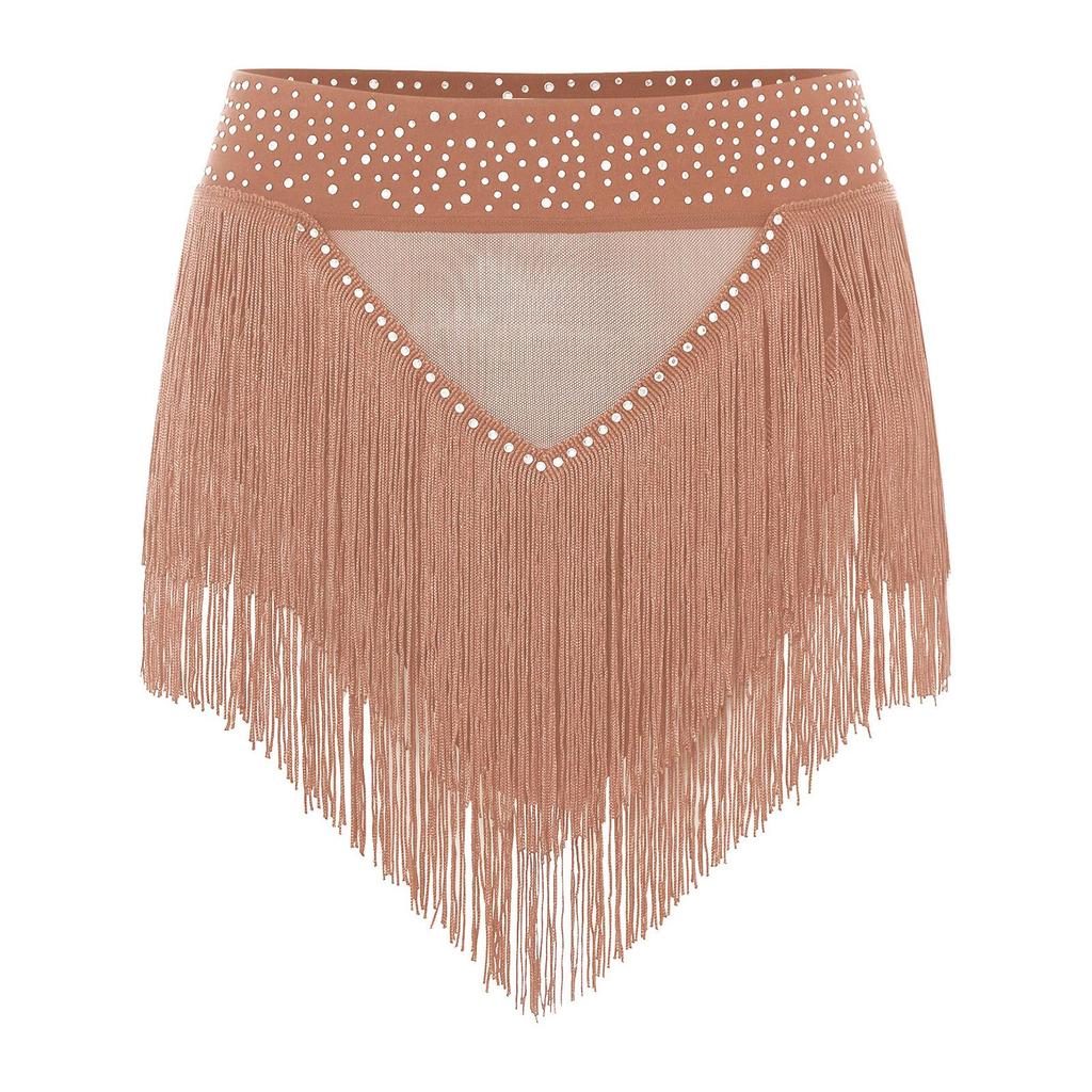 Rhinestone Tassel Belly Dance Shorts for Women Sheer Mesh High Elastic Briefs Underwear for Samba Stage Performance