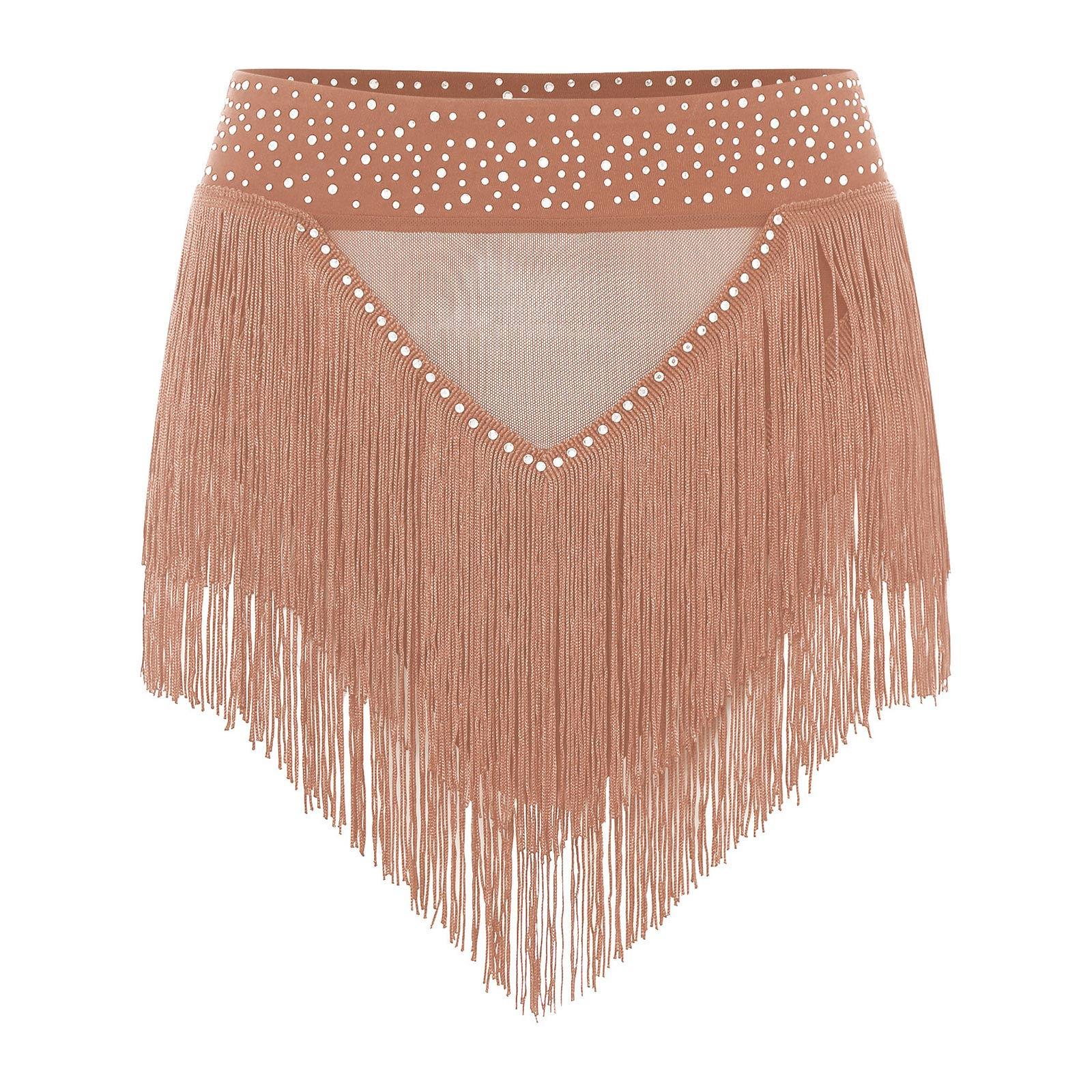 

Жіночі блискучі шорти з китицями зі стразів для танцю живота, високоеластичні прозорі сітчасті трусики для виступів самби S коричневий