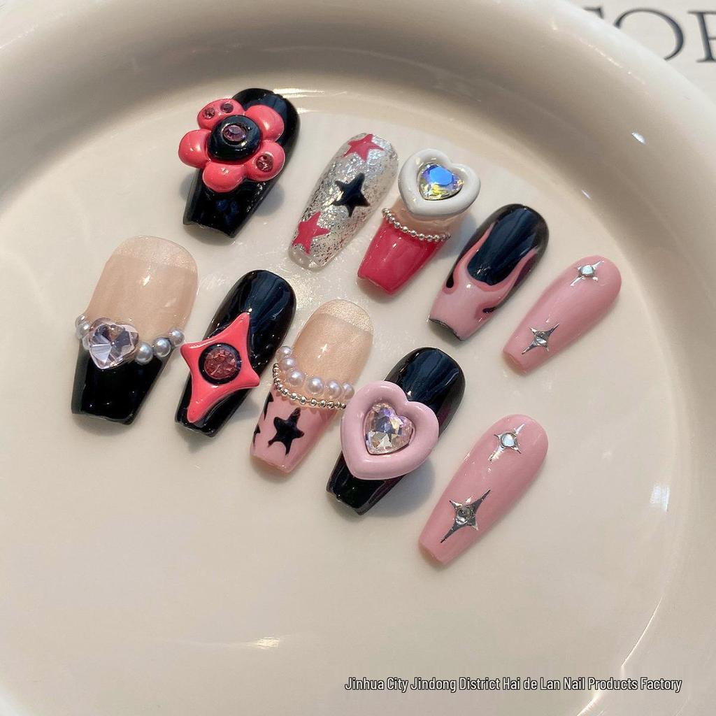 Y2K Drăguța Barbie Fata Fierbinte Artă de Unghii cu Strasuri: Stele și Inimi Negre și Roz
