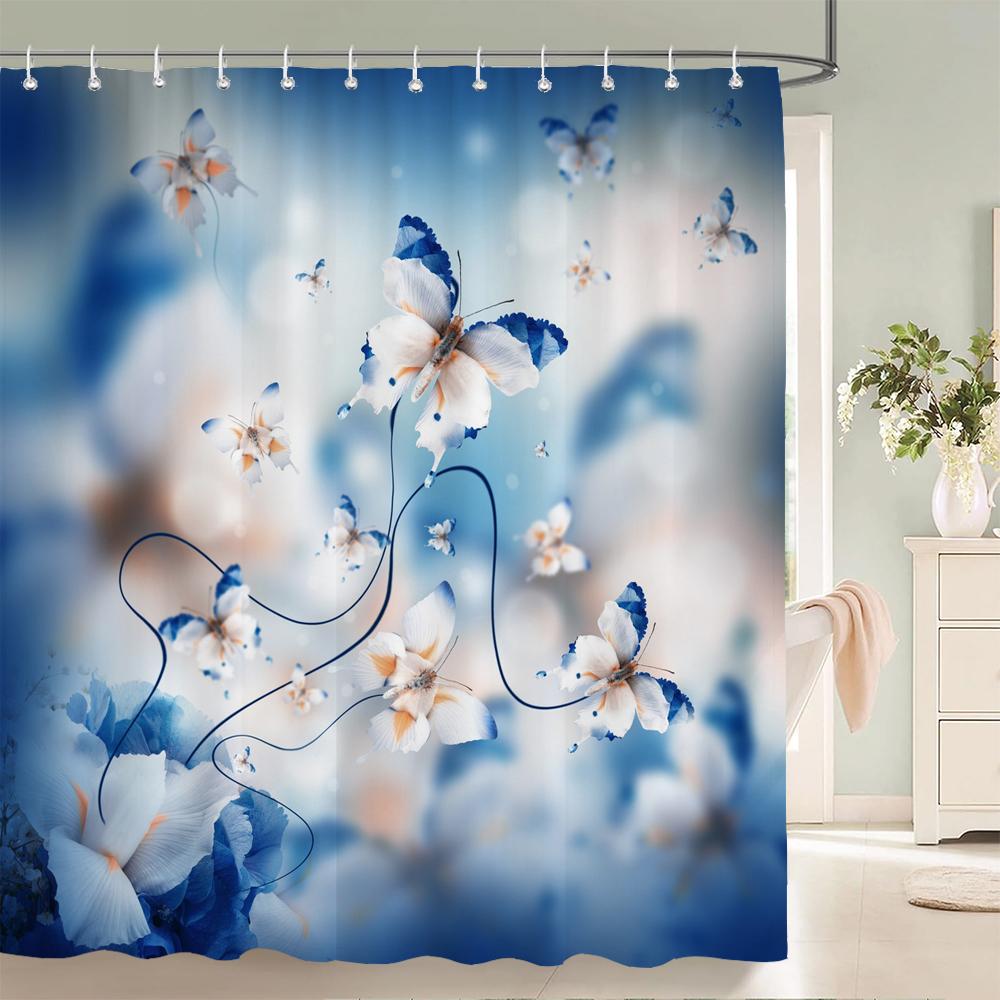 Colorful Flower Butterfly Fabric Shower Curtain Bathroom Curtains with Hooks Waterproof Printing Floral Bath Curtain Home Decor