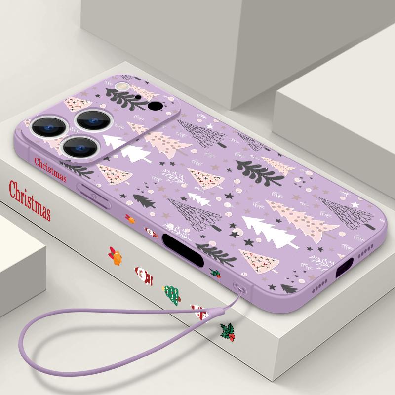 Cute Christmas Tree Pattern TPU Soft Silicone Case For iPhone 17 Pro Max 16E 16 15 14 13 Pro Max 12 Pro 11 Shockproof With Lanyard Phone Cover Fundas